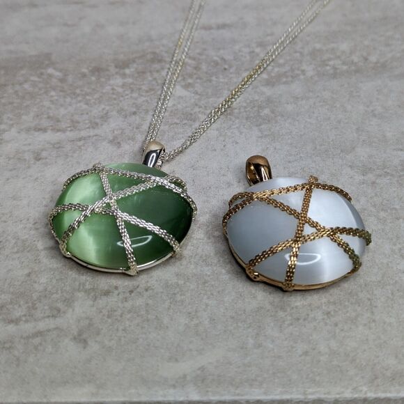 Green & White Tigers Eye Changeable Pendant Necklace by Roman Vtg Jewelry - Picture 7 of 7